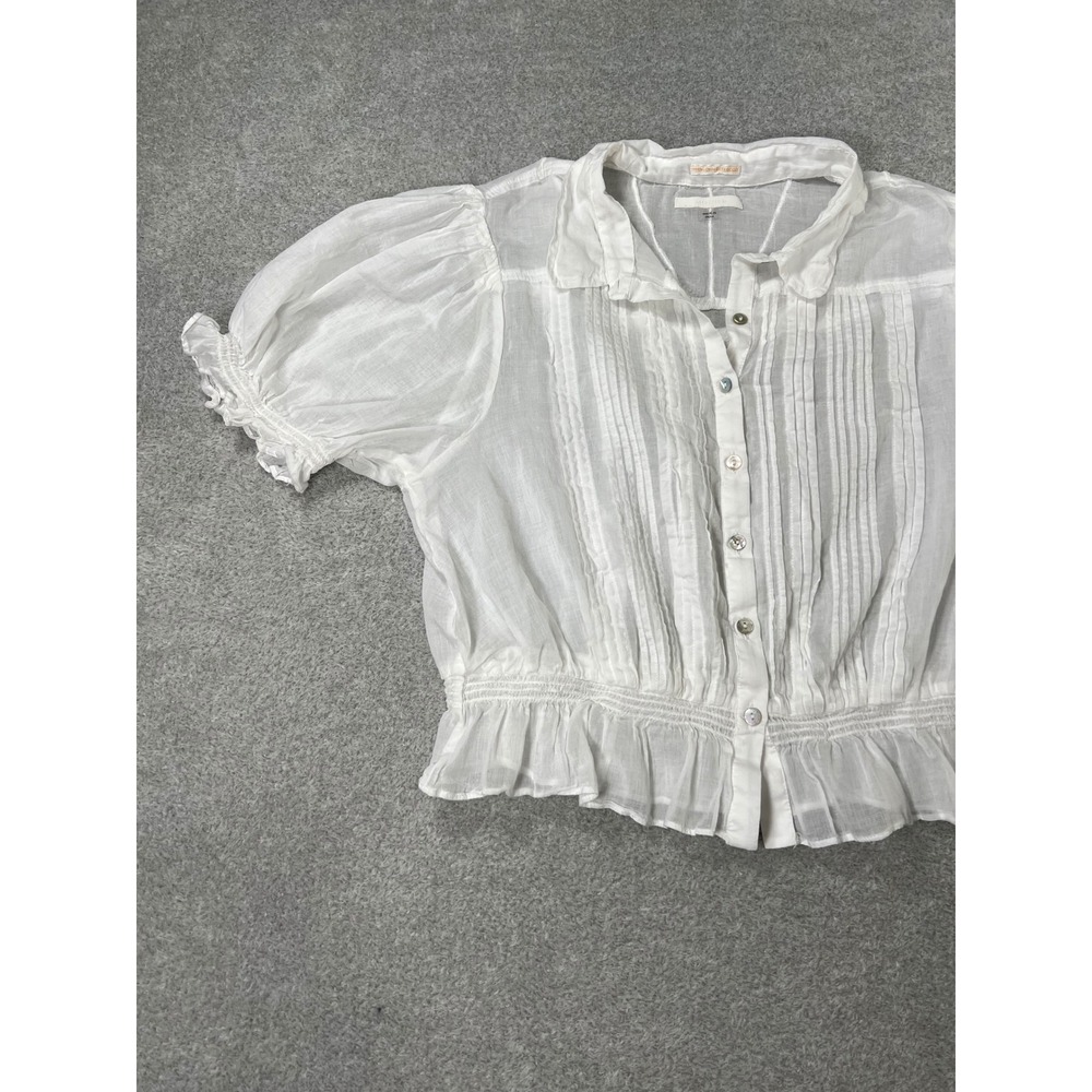 MOTHER Pins & Needles Cotton Button-Up Top L White Pintuck Smocked Victorian - Picture 7 of 13